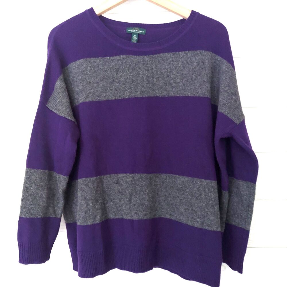 Lauren Jean Co. Sweater Purple Gray Stripes Size Medium Oversized Cashmere Blend